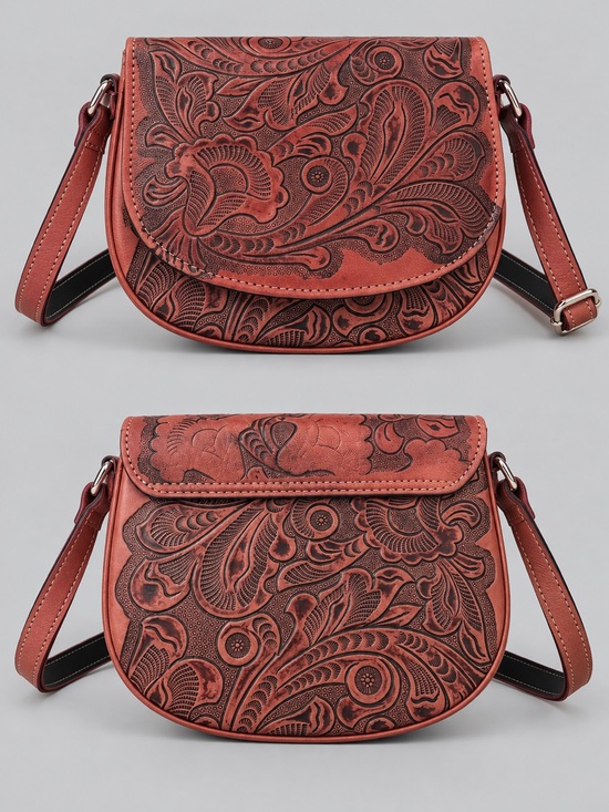 No brand Handbags - Western Tooled Floral Crossbody Purse – Brown Leather Cowgirl Shoulder Bag